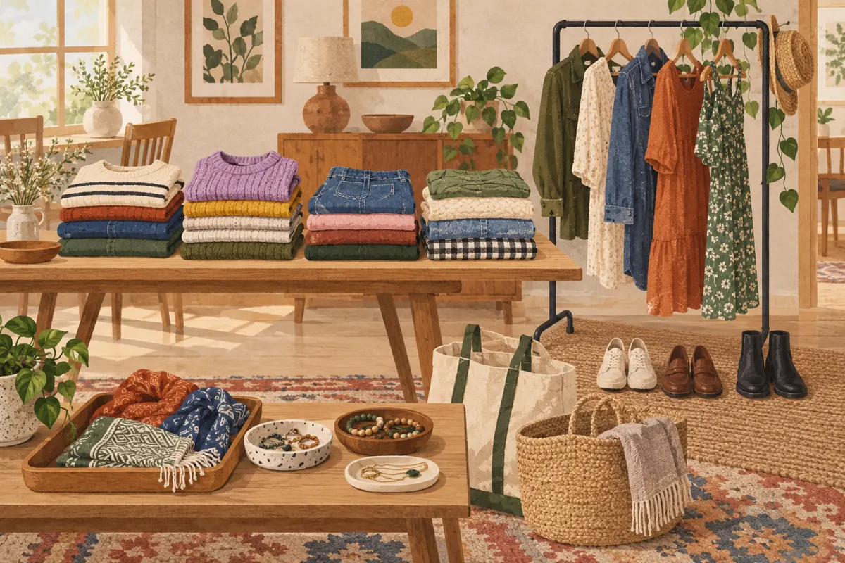 Illustration of an organized clothing swap with sorted clothing, shoes, accessories and bags for leftover items.