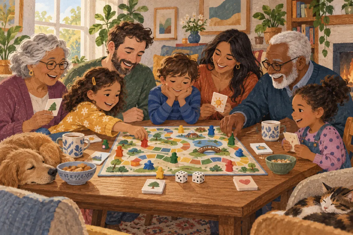 Illustration of children and adults sharing a board game around a table.