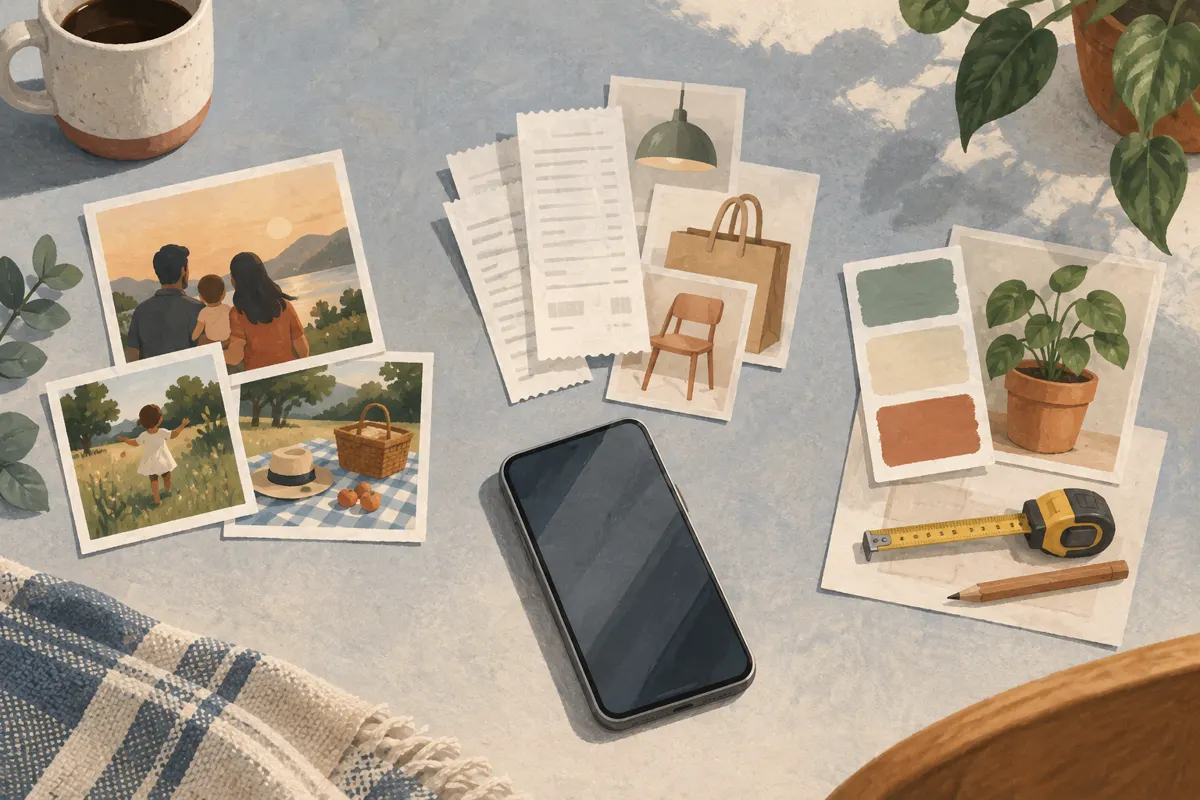 Illustration of a phone with organized groups of family photos, receipts and project pictures.