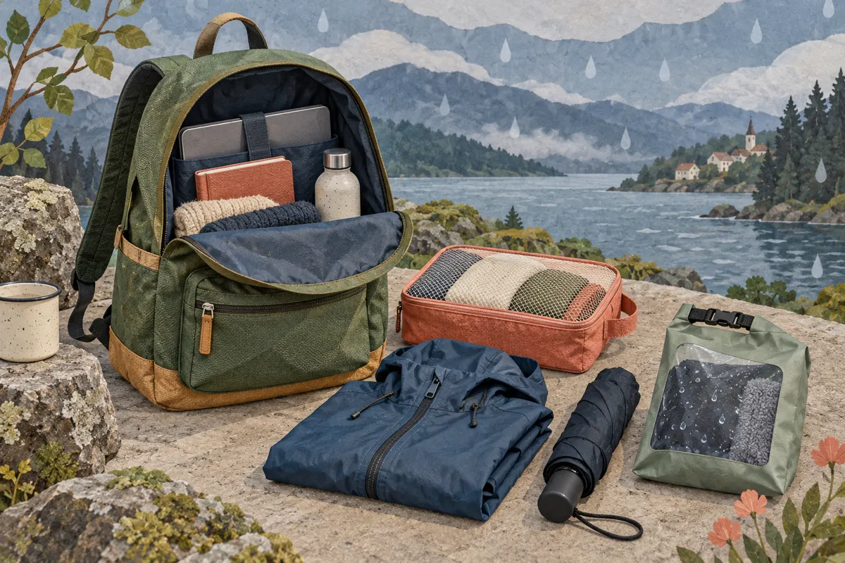 Illustration of a backpack and compact rainy-weekend essentials with separate pouches for dry clothes and wet gear.
