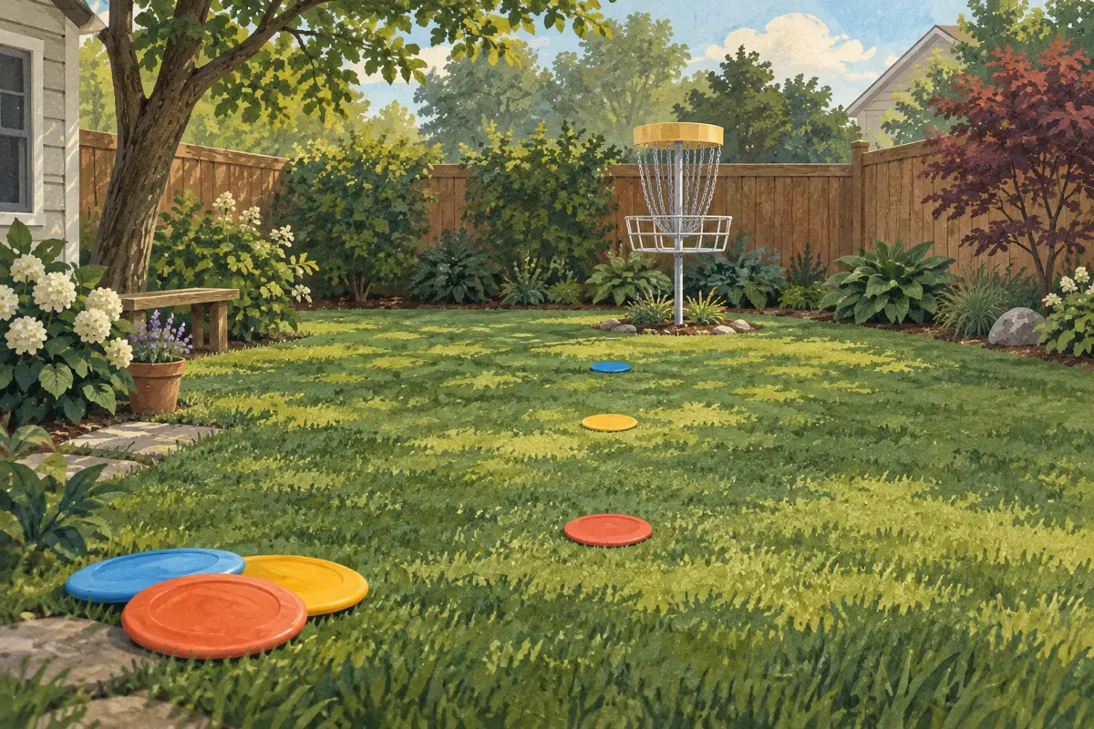 Illustration of a small outdoor disc golf putting area with a basket and short-distance markers.
