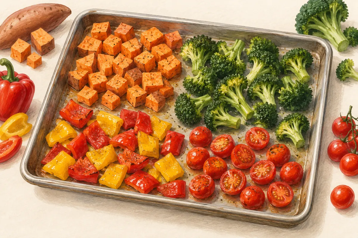 Illustration of mixed vegetables arranged in separate areas on one sheet pan.