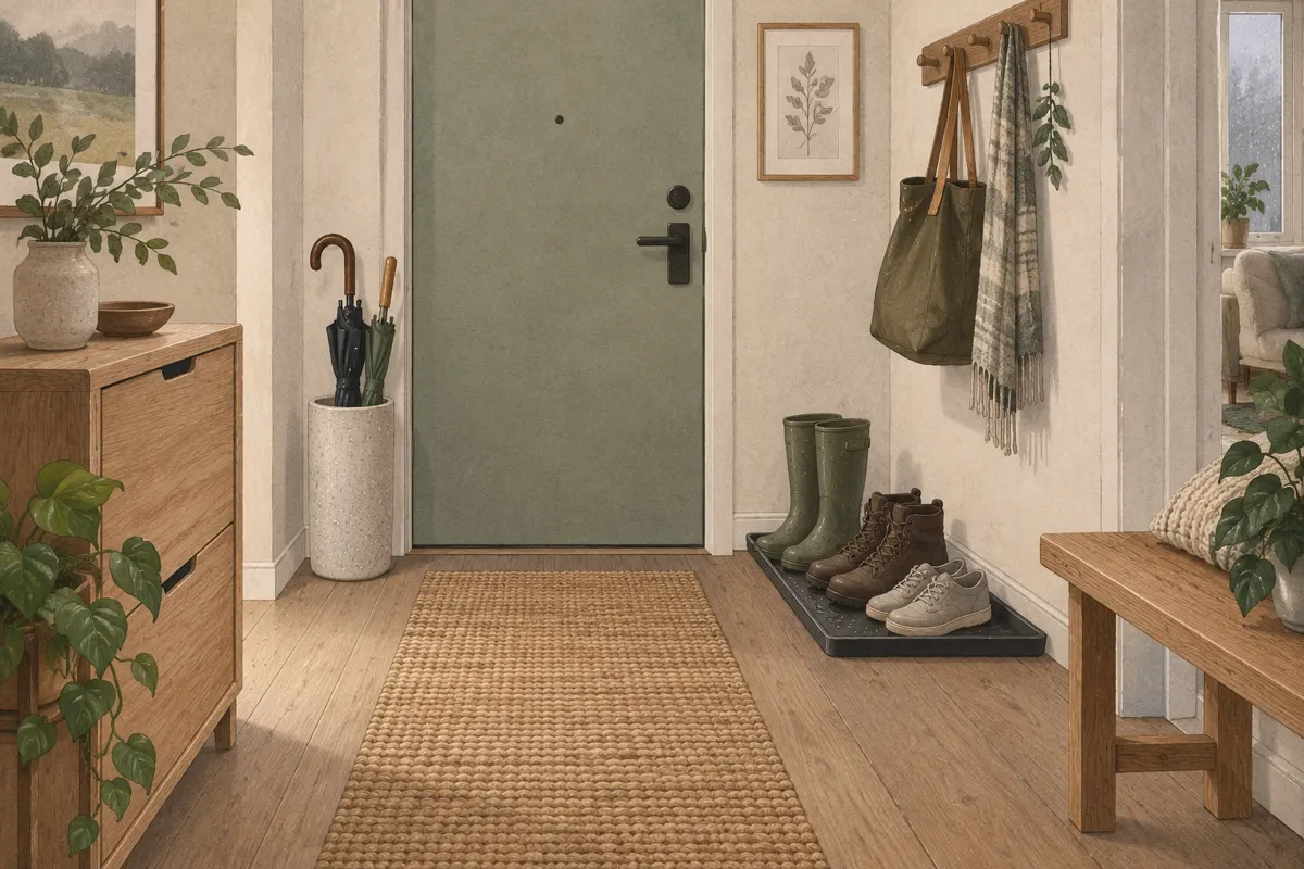 Illustrated small apartment entryway with a shoe tray, umbrella container and hanging bag beside a clear doorway.